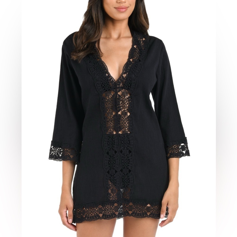 La Blanca Island Fare V Neck Tunic Black Cover-Up Swim Size Small